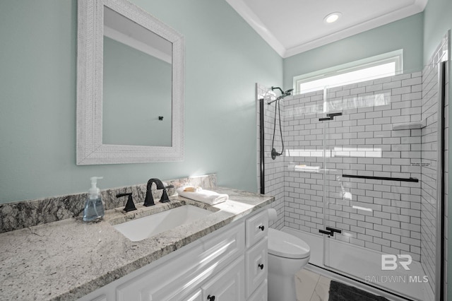 2420 Bienville Blvd, Dauphin Island, AL 36528 - bathroom with toilet, a stall shower, vanity, crown molding, and marble finish floors