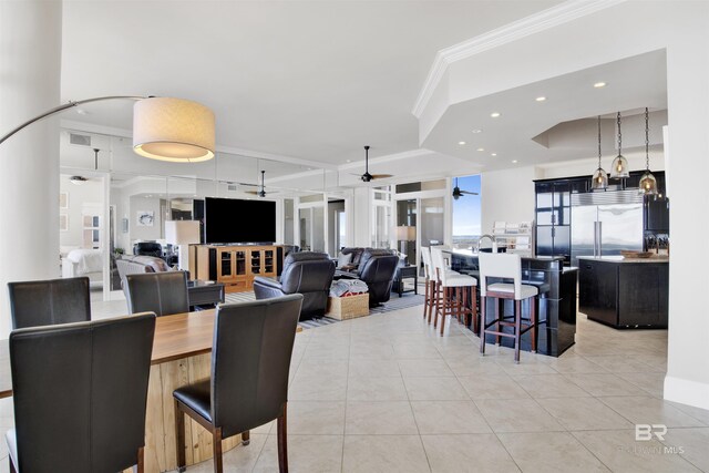 14237 Perdido Key Dr Unit Ph-1401, Pensacola, FL 32507 - dining room with a ceiling fan, light tile patterned flooring, ornamental molding, visible vents, and recessed lighting