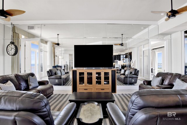 14237 Perdido Key Dr Unit Ph-1401, Pensacola, FL 32507 - living area featuring ceiling fan, crown molding, visible vents, and plenty of natural light