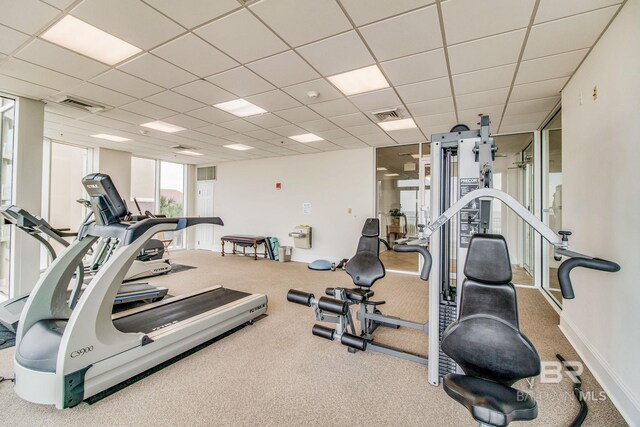 14237 Perdido Key Dr Unit Ph-1401, Pensacola, FL 32507 - gym featuring visible vents, carpet flooring, and a drop ceiling