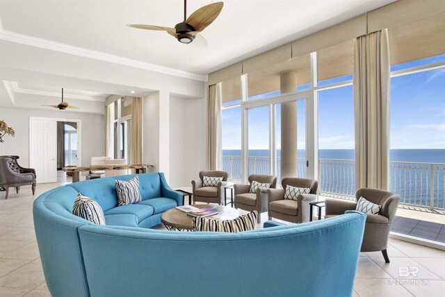 14237 Perdido Key Dr Unit Ph-1401, Pensacola, FL 32507 - living room featuring ornamental molding, ceiling fan, light tile patterned flooring, and a water view
