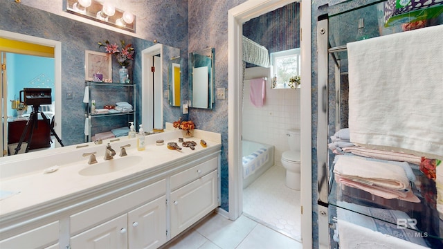 full bathroom featuring toilet, vanity, tile patterned floors, and plus walk in shower