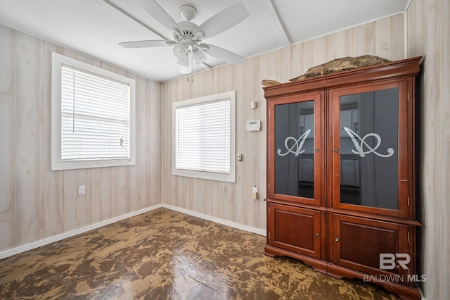 spare room featuring wood walls, ceiling fan, and a wealth of natural light