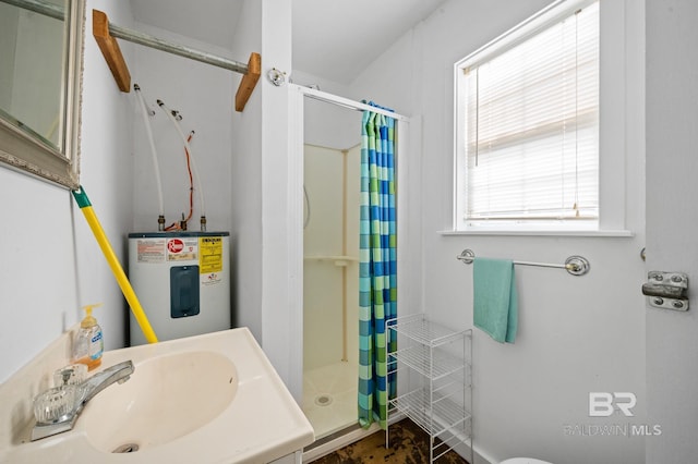 bathroom featuring curtained shower, sink, water heater, and tile patterned flooring