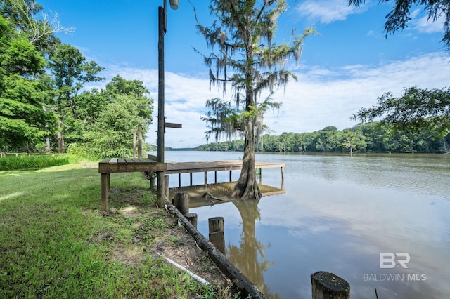 view of dock featuring a water view and a lawn