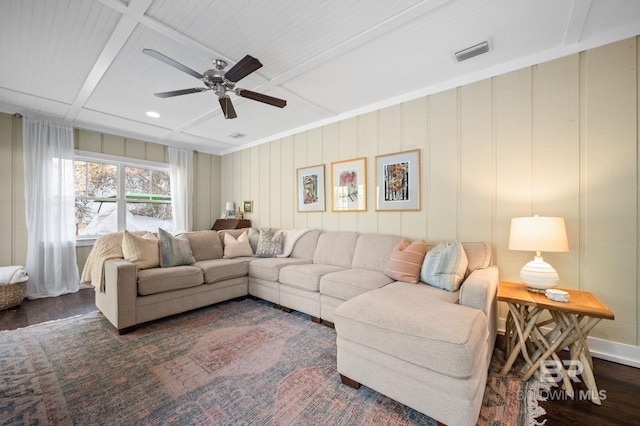 living room featuring coffered ceiling, visible vents, dark wood finished floors, and ceiling fan