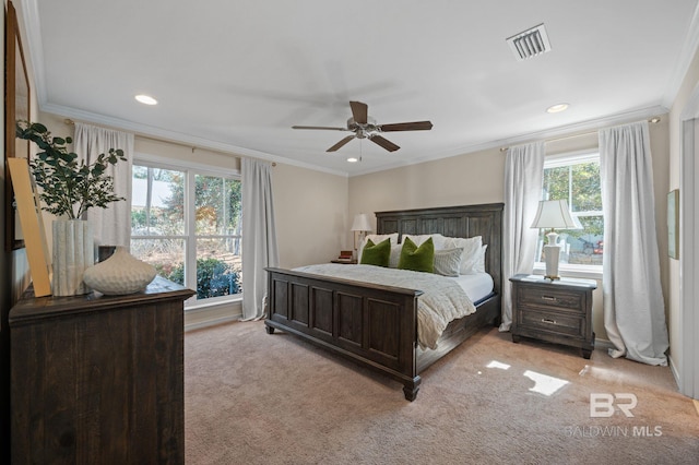 bedroom featuring ceiling fan, recessed lighting, light colored carpet, visible vents, and ornamental molding