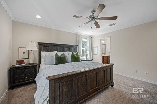 bedroom featuring light carpet, ceiling fan, baseboards, and ornamental molding