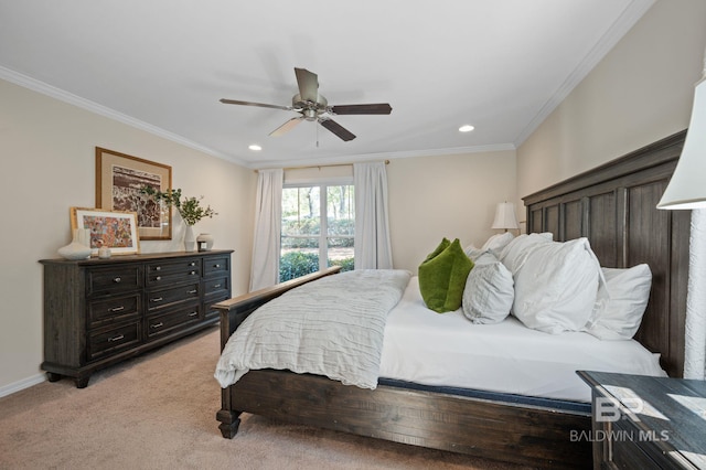 bedroom featuring recessed lighting, light carpet, crown molding, and baseboards