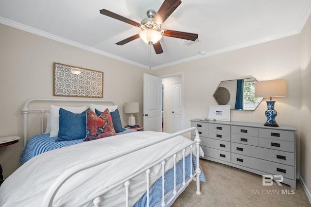 bedroom with light carpet, ceiling fan, and crown molding