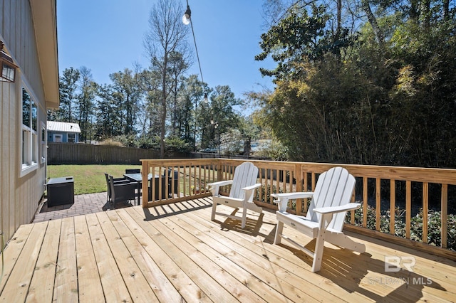 wooden terrace featuring a lawn and a fenced backyard