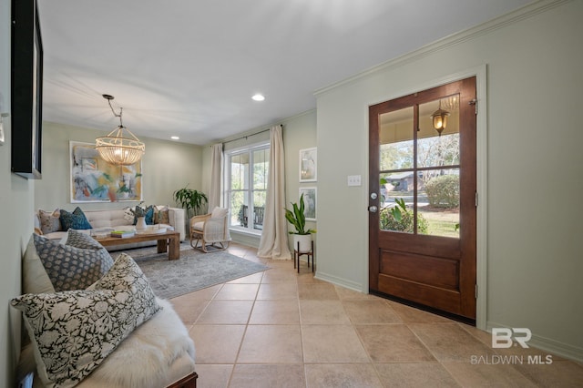 entrance foyer featuring light tile patterned floors, ornamental molding, recessed lighting, and baseboards