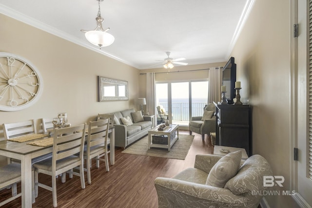 401 E Beach Blvd Unit 1704, Gulf Shores, AL 36542 - living room featuring ornamental molding, dark wood finished floors, and ceiling fan