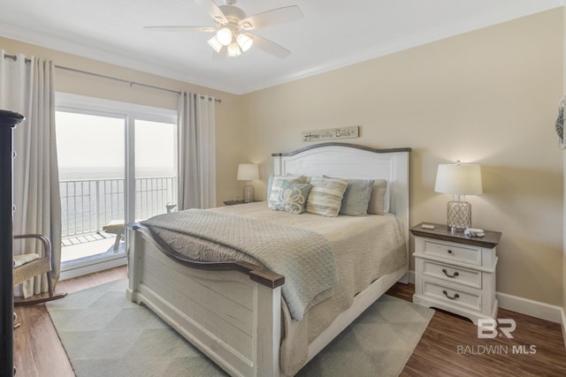 401 E Beach Blvd Unit 1704, Gulf Shores, AL 36542 - bedroom featuring access to outside, wood finished floors, baseboards, a ceiling fan, and ornamental molding