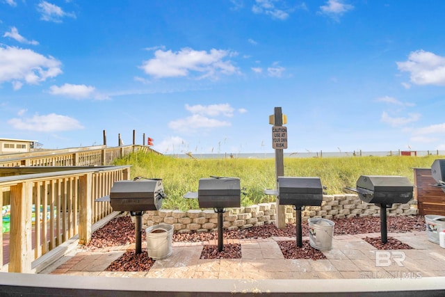 surrounding community featuring a water view and a patio area