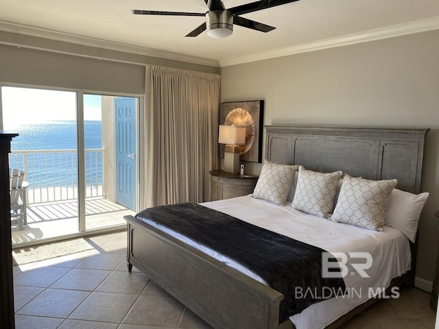bedroom featuring tile patterned flooring, ornamental molding, access to outside, and ceiling fan