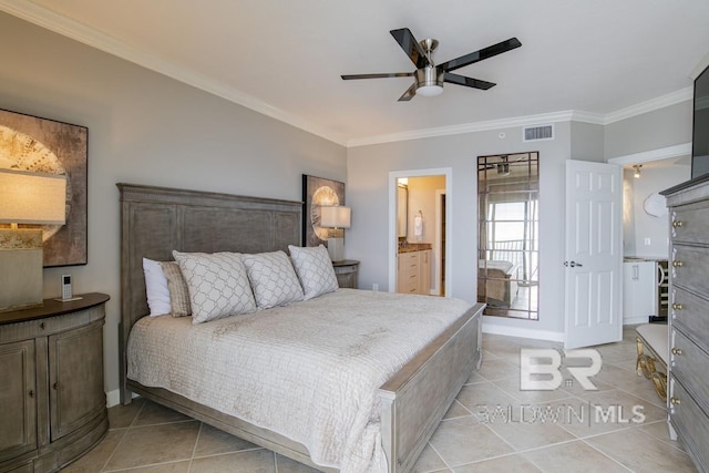 bedroom featuring baseboards, visible vents, crown molding, and light tile patterned floors