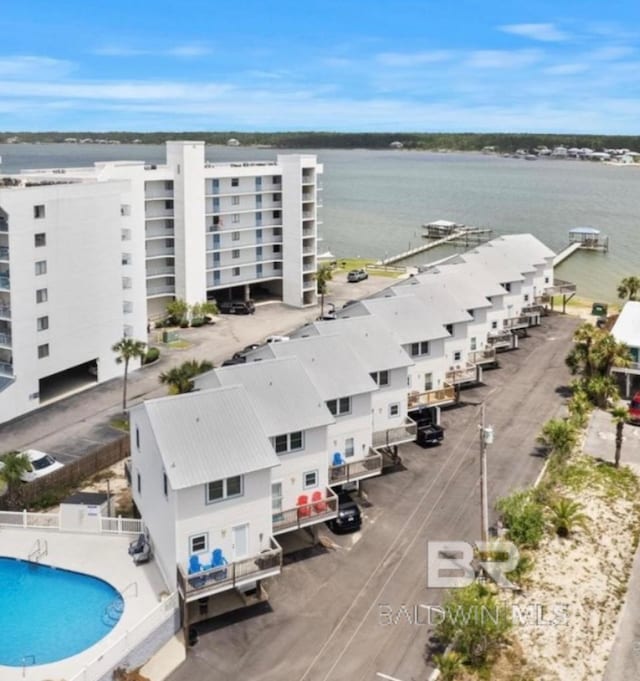 drone / aerial view featuring a water view