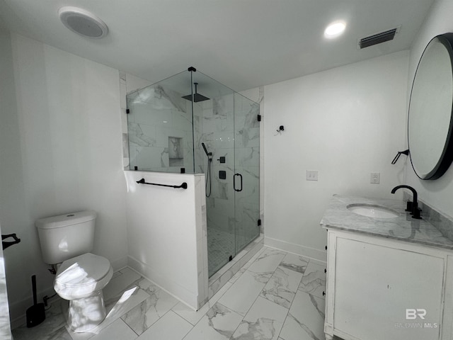 7228 Fairmont Dr, Foley, AL 36535 - bathroom with baseboards, toilet, vanity, a marble finish shower, and marble look tiles