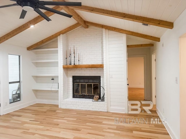 7228 Fairmont Dr, Foley, AL 36535 - unfurnished living room featuring a brick fireplace, a ceiling fan, wood finished floors, wood ceiling, and baseboards