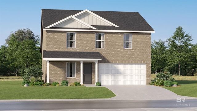 22192 Cesta Way, Silverhill, AL 36576 - view of front of home with board and batten siding, driveway, a front lawn, a garage, and brick siding