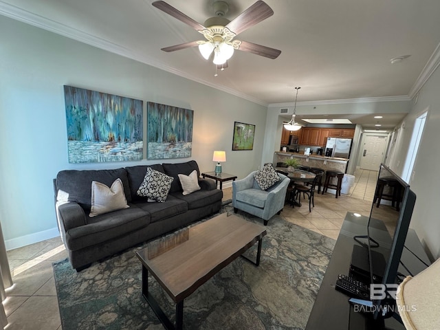 tiled living room featuring ceiling fan and ornamental molding