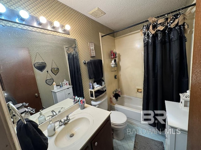 bathroom featuring wallpapered walls, shower / bath combo, a textured ceiling, and vanity