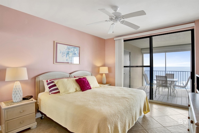 bedroom with light tile patterned floors, a ceiling fan, and access to exterior