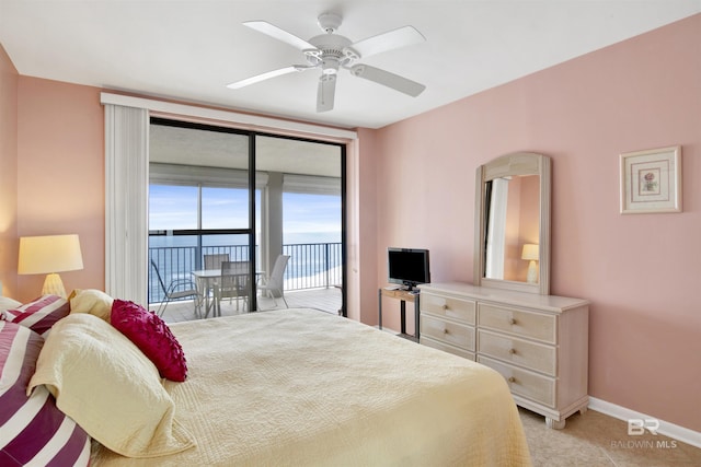 bedroom featuring access to exterior, ceiling fan, and baseboards