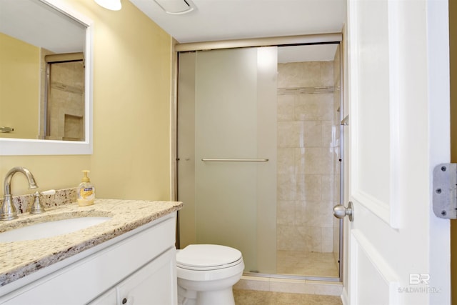 bathroom featuring a stall shower, tile patterned flooring, vanity, and toilet