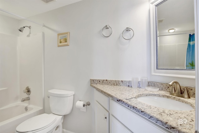 full bathroom featuring shower / bath combo, visible vents, vanity, and toilet