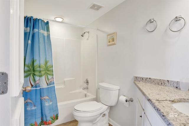 bathroom featuring toilet, shower / bath combo, vanity, and visible vents