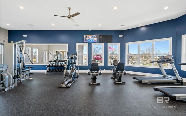 workout area featuring a wealth of natural light and ceiling fan