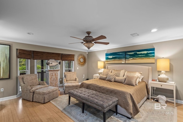 bedroom with recessed lighting, baseboards, ornamental molding, and light wood finished floors