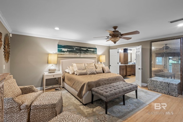 bedroom featuring access to outside, visible vents, light wood finished floors, ornamental molding, and recessed lighting