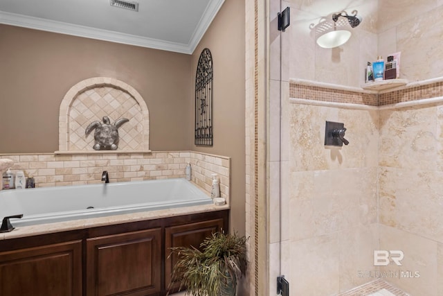 bathroom with crown molding, a shower stall, a garden tub, and visible vents