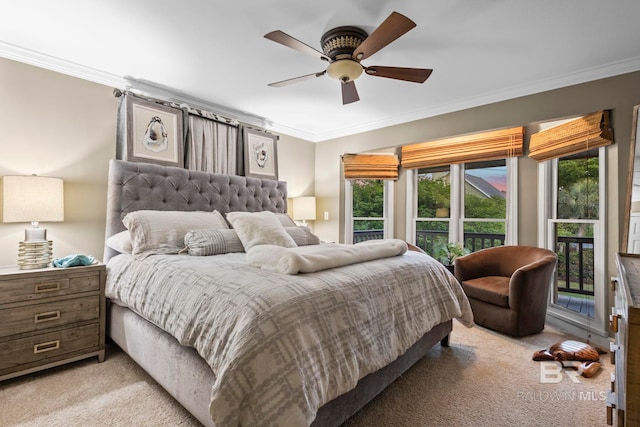 bedroom with crown molding, access to outside, ceiling fan, and light colored carpet