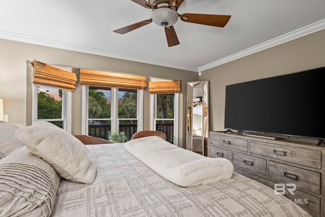 bedroom featuring crown molding, access to outside, and ceiling fan