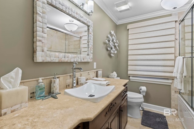 bathroom with crown molding, decorative backsplash, vanity, toilet, and baseboards