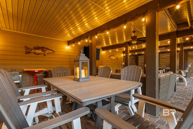 dining space featuring wooden walls, wooden ceiling, ceiling fan, and rail lighting