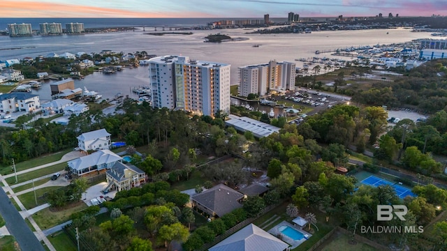 bird's eye view featuring a city view and a water view