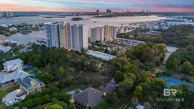 bird's eye view featuring a water view and a view of city