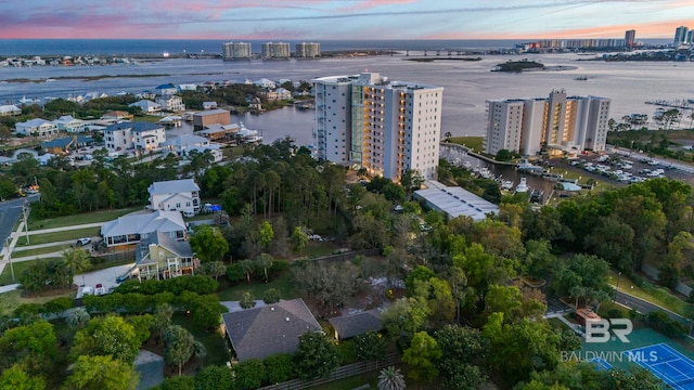 birds eye view of property featuring a water view and a city view