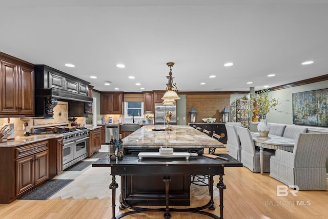 kitchen with crown molding, tasteful backsplash, light stone counters, a sink, and premium appliances