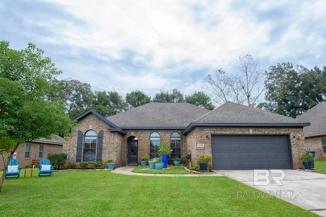 ranch-style home with a garage and a front lawn