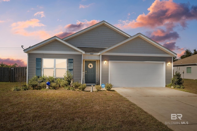 single story home featuring driveway, a front lawn, an attached garage, and fence