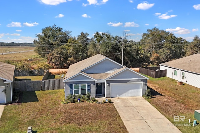 view of front of home with central AC unit, a garage, fence, driveway, and a front yard