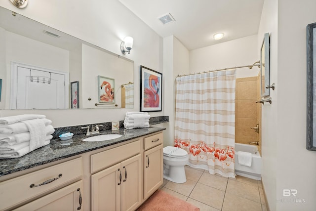 full bath with tile patterned flooring, vanity, toilet, shower / bathtub combination with curtain, and visible vents