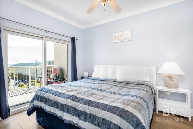 bedroom with ceiling fan, access to outside, crown molding, and wood finished floors