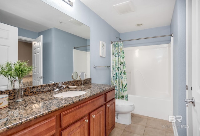 full bath with toilet, shower / bathtub combination with curtain, vanity, and tile patterned floors